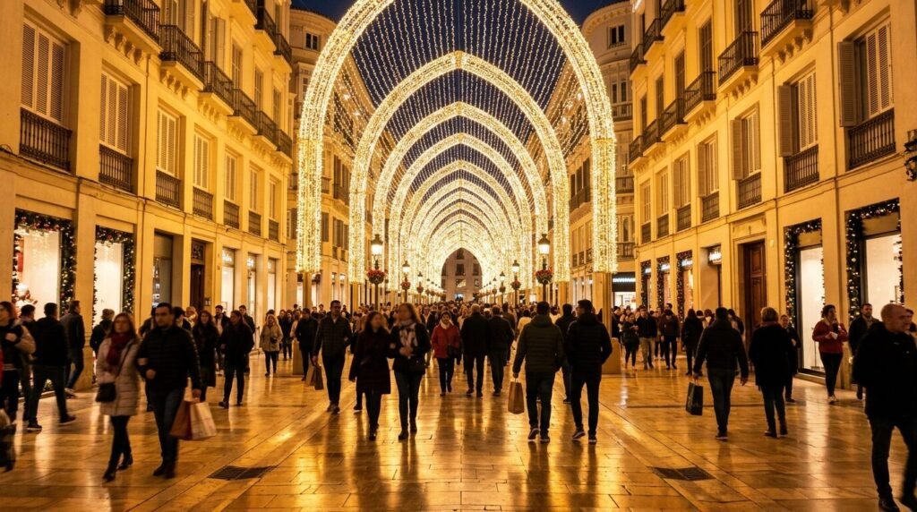 Calle Larios in Málaga decorated with Christmas lights at night