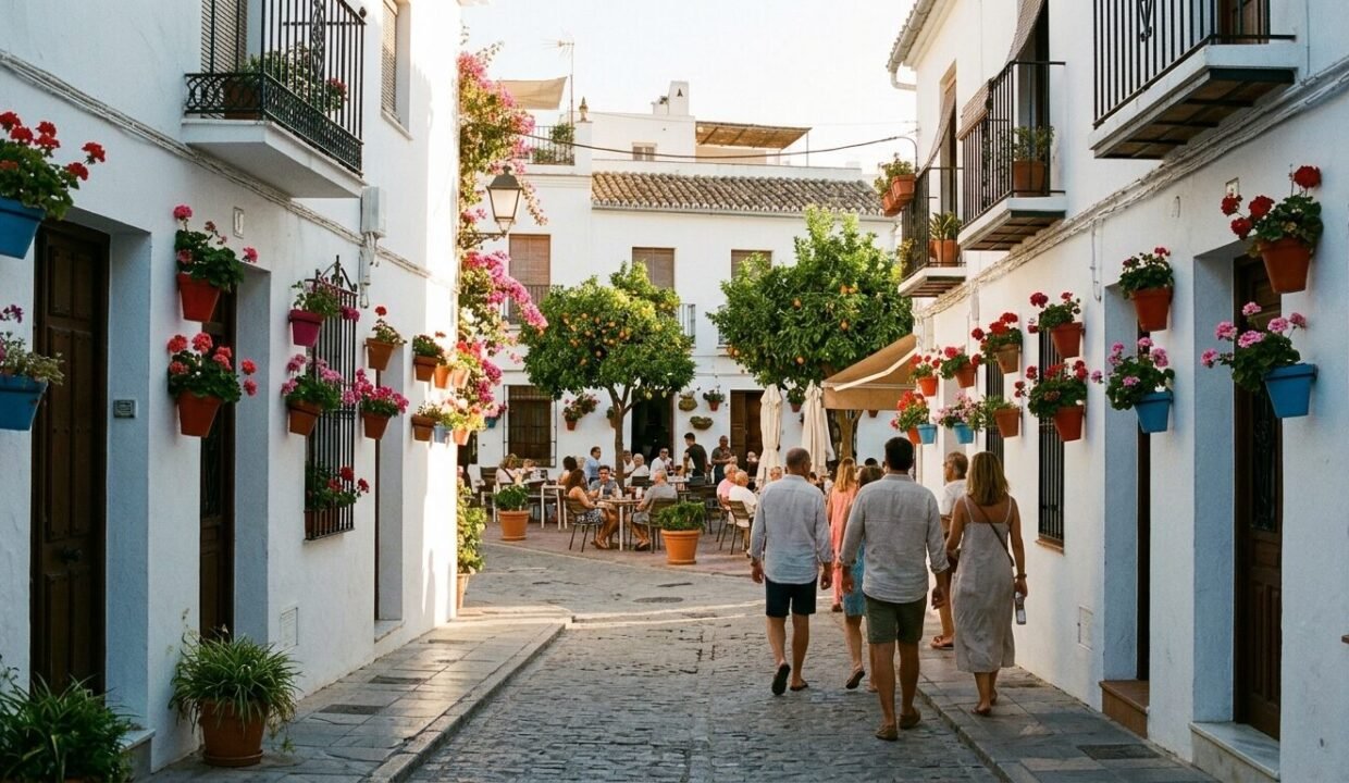 Flower-lined street in Estepona old town at sunset
