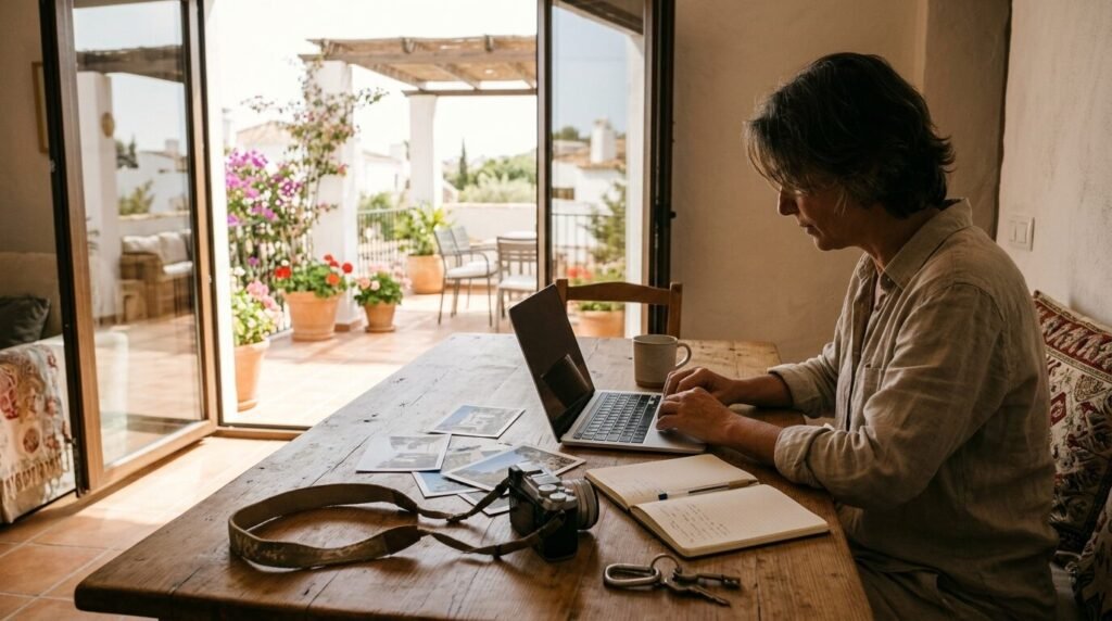 An owner preparing a holiday rental listing on a laptop in a sunlit Spanish home.