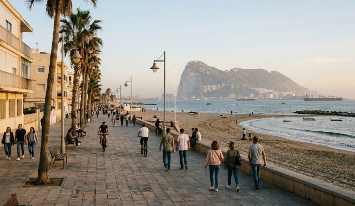 Seafront in La Línea de la Concepción with Gibraltar across the bay