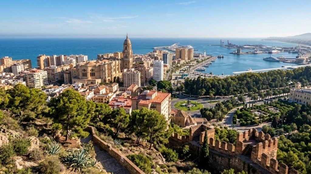 View over Málaga old town, cathedral and port from Gibralfaro hill