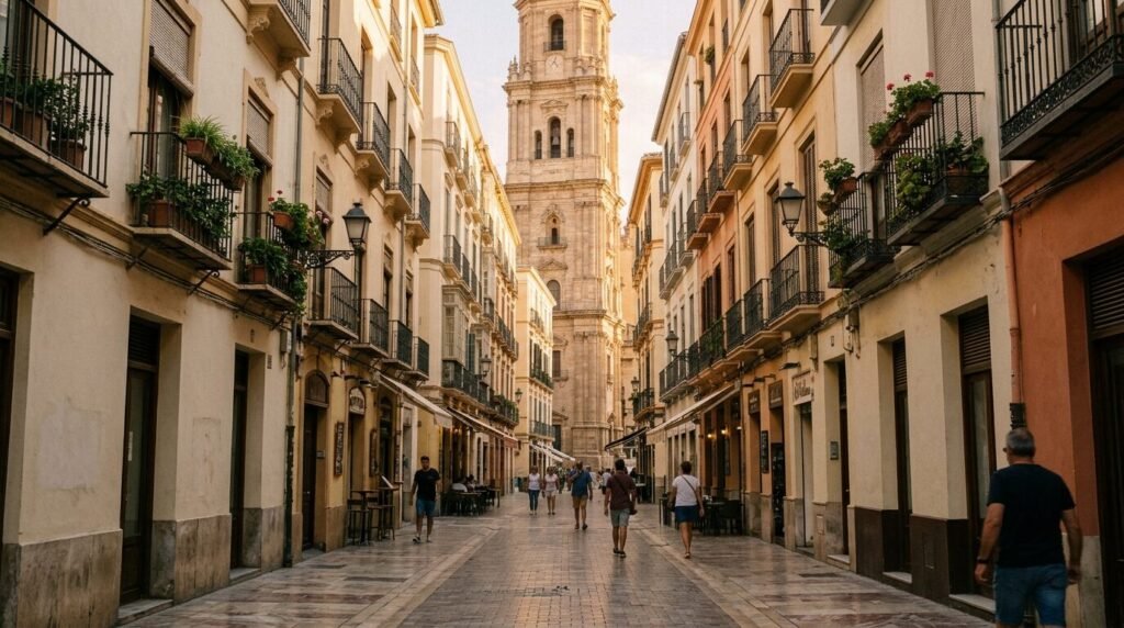 Narrow street in Málaga old town leading towards the cathedral tower