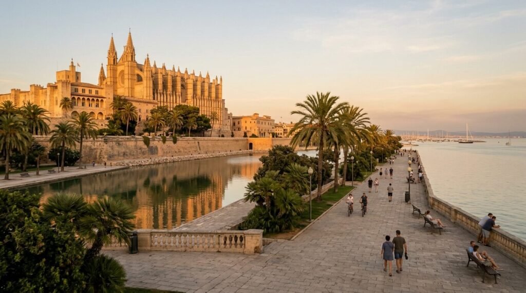 Palma de Mallorca cathedral and bay at sunset