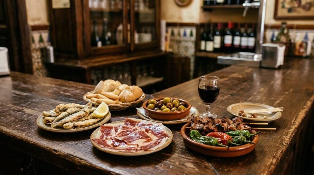 Tapas, grilled meat and fried fish on a bar counter in Málaga